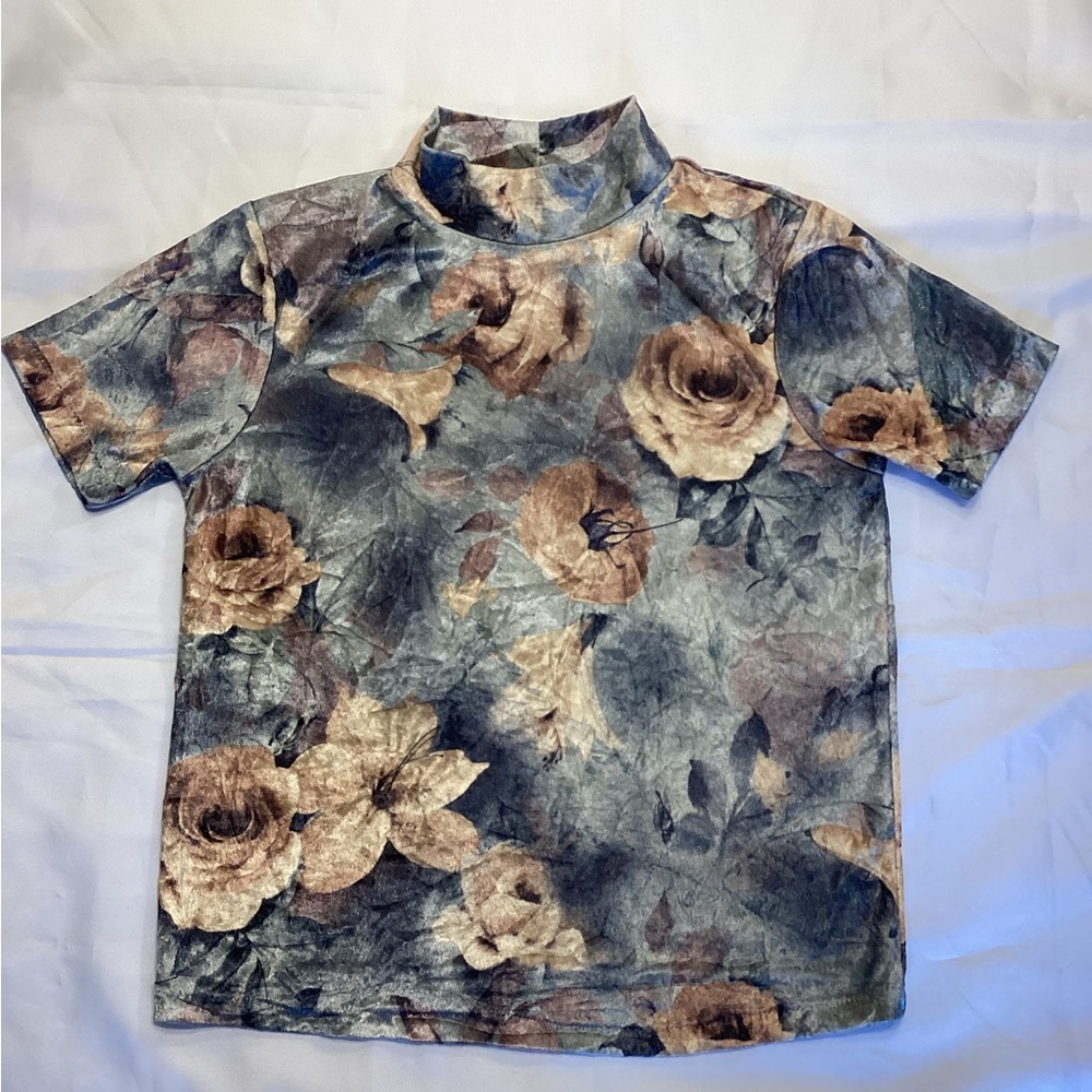 Bob Mackie Studio Vintage Short Sleeve Velour Flowers Top Ladies Medium
